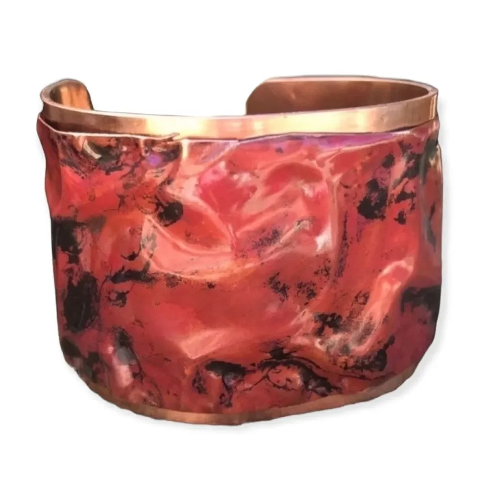 Red Torched Shingle Hammered Dual-Layer Bold Cuff Bracelet - NEW USA Handmade